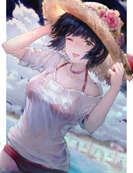 Rule 34 | 1girl, arms up, bikini, bikini under clothes, black hair, blue sky, breasts, brown hat, cloud, cloudy sky, commentary request, day, dutch angle, flower, food, green eyes, hand on headwear, hat, hat flower, hisahisahisahisa, holding, holding food, md5 mismatch, medium breasts, no pants, one eye closed, original, parted lips, pink flower, popsicle, red bikini, resolution mismatch, see-through, shirt, short hair, sky, solo, source larger, straw hat, summer, swimsuit, tongue, tongue out, wading, water, watermelon bar, wet, wet clothes, wet shirt, white shirt