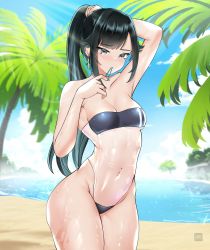 Rule 34 | 1girl, adjusting hair, arm up, artist logo, ass, bare shoulders, beach, black hair, breasts, cloud, commentary, covered navel, ear piercing, earrings, english commentary, flor (freshtango), forehead, freshtango, grey eyes, gris swimsuit, hair tie in mouth, high ponytail, highleg, highleg swimsuit, highres, jewelry, looking at viewer, medium breasts, meme attire, mole, mole under eye, mouth hold, navel, one-piece swimsuit, original, outdoors, palm tree, parted bangs, piercing, sand, see-through swimsuit, sky, solo, straddling, strapless, strapless one-piece swimsuit, swimsuit, thighs, tree, water, wet, wide hips