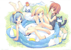 Rule 34 | 00s, 3girls, :d, absurdres, ah-kun, ahoge, arm support, bag, ball, barefoot, blonde hair, blue eyes, blue hair, blush, bob cut, bubble, empty pool, fang, feet, flat chest, goggles, goggles on head, grass, hairband, hand on another&#039;s cheek, hand on another&#039;s face, hands on own cheeks, hands on own face, happy, hat, highres, hose, ka-kun, long hair, lying, moetan, multiple girls, na-kun, no nose, on stomach, one-piece swimsuit, open mouth, outdoors, pastel ink, pool, pop, red eyes, red hair, school swimsuit, shampoo, shiratori arisu, short hair, sitting, smile, soles, swimsuit, tempera sumi, toes, top hat, twintails, wading pool, water, white school swimsuit, white one-piece swimsuit