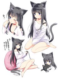 Rule 34 | 1girl, afterimage, animal ears, black camisole, blue eyes, blush, breasts, camisole, cat ears, cat girl, cat tail, chibi, closed mouth, clothes writing, downblouse, english text, fingernails, game console, hair between eyes, highres, holding, long sleeves, looking at viewer, motohara moka, multiple views, off-shoulder shirt, off shoulder, original, pillow, print shirt, seiza, shirt, sidelocks, simple background, sitting, sleeves past wrists, small breasts, strap slip, tail, tail wagging, translation request, white background, white shirt
