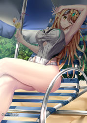 Rule 34 | 1girl, arm up, armpits, beach, beach chair, beach umbrella, blonde hair, breasts, cocktail glass, cup, drinking glass, drinking straw, excaliblader, highres, holding, holding cup, long hair, mythra (radiant beach) (xenoblade), mythra (xenoblade), one-piece swimsuit, one eye closed, solo, strapless, strapless one-piece swimsuit, swimsuit, thighs, tiara, umbrella, white one-piece swimsuit, xenoblade chronicles (series), xenoblade chronicles 2, yellow eyes