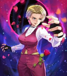 Rule 34 | 1girl, aura, black gloves, blonde hair, blue eyes, breasts, closed mouth, collared shirt, commentary request, earrings, eyelashes, fingerless gloves, flower, frilled shirt, frills, gloves, jewelry, king (snk), large breasts, pants, purple pants, rose, shirt, short hair, smile, solo, sphere earrings, standing, the king of fighters, the king of fighters xv, white shirt, yukinoshinf