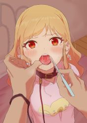 Rule 34 | 1girl, 1other, belt collar, blonde hair, blush, brushing another&#039;s teeth, collar, copyright request, eyelashes, highres, holding, holding toothbrush, leash, long hair, looking at viewer, open mouth, osame, pink shirt, pov, pov hands, red eyes, saliva, shirt, solo focus, tongue, toothbrush, viewer holding leash