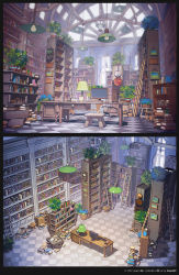 Rule 34 | arsenixc, book, bookshelf, chair, clock, computer, highres, keyboard (computer), ladder, lamp, library, mouse (computer), no humans, original, plant, potted plant, room, scenery, sunlight, table, too many, too many books, vase