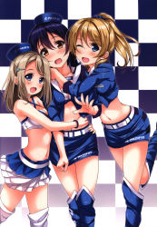 Rule 34 | 10s, 3girls, ayase alisa, ayase eli, blonde hair, blue eyes, blue hair, blue skirt, blush, boots, checkered background, earrings, hair between eyes, hair ornament, hairclip, hand on another&#039;s hip, hand on another&#039;s shoulder, hat, highres, hino minato (spec.c), hug, jewelry, leg up, long hair, looking at viewer, love live!, love live! school idol project, midriff, multiple girls, navel, non-web source, one eye closed, open mouth, ponytail, sandwiched, scan, scrunchie, siblings, sisters, skirt, skirt tug, sonoda umi, standing, thigh boots, thighhighs, yellow eyes