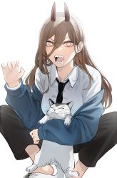Rule 34 | + +, 1girl, absurdres, animal, black necktie, black pants, blue jacket, breasts, cat, chainsaw man, closed eyes, cross-shaped pupils, gao, hair between eyes, highres, holding, holding animal, holding cat, horns, jacket, long bangs, long hair, looking at viewer, medium breasts, meowy (chainsaw man), necktie, open mouth, pants, power (chainsaw man), sailen0, sharp teeth, simple background, sitting, solo, symbol-shaped pupils, teeth, white background, white cat, yellow eyes