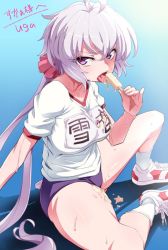 Rule 34 | 1girl, ahoge, alternate costume, arm support, blush, breasts, buruma, commentary request, food, hair between eyes, large breasts, long hair, looking at viewer, messy, pink ribbon, popsicle, purple buruma, purple eyes, purple hair, ribbon, senki zesshou symphogear, solo, sweatdrop, thighs, tongue, tongue out, uganda (ugandam 00), yukine chris