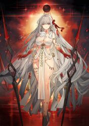 Rule 34 | 1girl, armlet, bare shoulders, belly chain, body markings, bracelet, breasts, cleavage, collarbone, colored skin, durga (fate), earrings, facial mark, fate/grand order, fate (series), forehead mark, gradient skin, hair ribbon, jewelry, large breasts, long hair, looking at viewer, multicolored skin, navel, official art, pelvic curtain, red eyes, red ribbon, red skin, red sky, revealing clothes, ribbon, ring, sash, sky, snake, starshadowmagician, stomach, thighs, thumb ring, toeless footwear, very long hair, water, weapon, white hair