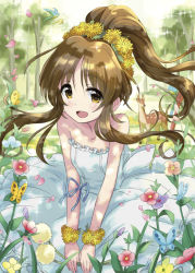 Rule 34 | 10s, 1girl, bird, blue ribbon, breasts, brown hair, bug, butterfly, collarbone, deer, dress, floating hair, flower, flower bracelet, forest, head wreath, high ponytail, highres, idolmaster, idolmaster cinderella girls, bug, kingin, long hair, looking at viewer, nature, open mouth, outdoors, petals, ribbon, sidelocks, sleeveless, small breasts, solo, sparkle, strapless, strapless dress, takamori aiko, tree, v arms, very long hair, white dress, yellow eyes, yellow flower