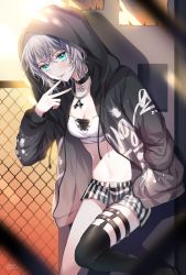 Rule 34 | 1girl, :p, against wall, aoba moca, artist name, bang dream!, black choker, black jacket, black thighhighs, breasts, chain-link fence, chain necklace, choker, cleavage, clothes writing, crop top, crossed bangs, fence, green eyes, grey hair, hand in pocket, hood, hooded jacket, jacket, jewelry, leg up, legwear garter, long sleeves, looking at viewer, midriff, navel, necklace, nennen, o-ring, paint stains, pendant, short hair, short shorts, shorts, single thighhigh, solo, splatter print, striped clothes, striped shorts, thighhighs, tongue, tongue out, twitter username, v, vertical-striped clothes, vertical-striped shorts