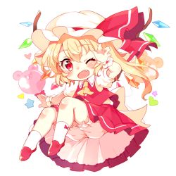 Rule 34 | 1girl, animal balloon, arm up, ascot, balloon, blonde hair, bloomers, blush, bow legwear, chibi, crystal, fang, flandre scarlet, full body, hat, hat ribbon, looking at viewer, mob cap, one eye closed, one side up, open mouth, paragasu (parags112), petticoat, puffy short sleeves, puffy sleeves, red eyes, red ribbon, red skirt, red vest, ribbon, shirt, shoes, short hair, short hair with long locks, short sleeves, simple background, skirt, skirt set, smile, socks, solo, star (symbol), touhou, underwear, upskirt, vest, white background, white shirt, white socks, wings, wrist cuffs