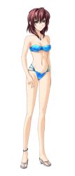 Rule 34 | 1girl, anklet, bikini, blue bikini, blue nails, bou (inubou), breasts, brown hair, cleavage, closed mouth, collarbone, full body, gluteal fold, hair between eyes, jewelry, medium breasts, medium hair, multi-strapped bikini, munakata misae, muv-luv altered fable, nail polish, navel, necklace, official art, solo, standing, strapless, strapless bikini, swimsuit, tachi-e, toenail polish, toenails, transparent background