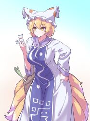 Rule 34 | 1girl, animal ears, blonde hair, blush, breasts, closed mouth, dress, fox ears, fox tail, gradient background, hair between eyes, hat, highres, hihi (cvwv4322), large breasts, long sleeves, mob cap, multiple tails, short hair, solo, tabard, tail, touhou, white dress, white hat, wide sleeves, yakumo ran, yellow eyes