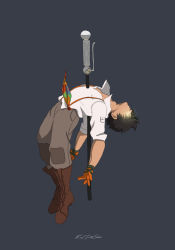 Rule 34 | 1boy, arched back, bandages, black hair, boots, brown hair, cane, cane sword, dark skin, dark-skinned male, freckles, gloves, glowing, glowing eyes, highres, impaled, male focus, orange gloves, oscar pine, popped collar, rwby, shirt, solo, suspenders