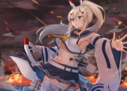 Rule 34 | 1girl, absurdres, aircraft, airplane, armpits, ayanami (azur lane), azur lane, belt, black choker, blue sailor collar, blue skirt, breasts, choker, cloud, cloudy sky, commentary request, crop top, crop top overhang, detached sleeves, determined, fire, firing, hair between eyes, highres, holding, holding sword, holding weapon, long hair, long sleeves, medium breasts, midriff, navel, neckerchief, ocean, orange eyes, outdoors, outstretched arm, platinum blonde hair, pleated skirt, ponytail, retrofit (azur lane), rigging, sailor collar, skirt, sky, solo, standing, standing on liquid, sword, takenoko 27074918, thighhighs, torpedo tubes, weapon, white thighhighs, wide sleeves, yellow neckerchief
