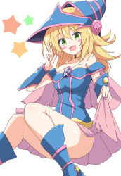 1girl :d absurdres aikawa_ryou armored_boots bare_shoulders blonde_hair blue_dress blue_footwear blue_hat blush_stickers boots breasts commentary_request dark_magician_girl dress feet_out_of_frame green_eyes hair_between_eyes hand_up hat highres knees_together_feet_apart long_hair medium_breasts open_mouth pentagram simple_background smile solo star_(symbol) star_symbol_background v white_background yu-gi-oh!