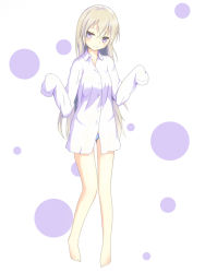 Rule 34 | 1girl, bare legs, barefoot, blonde hair, blush, dress shirt, eila ilmatar juutilainen, ende (artist), long hair, no pants, panties, purple eyes, shirt, sleeves past wrists, smile, solo, strike witches, striped clothes, striped panties, underwear, world witches series