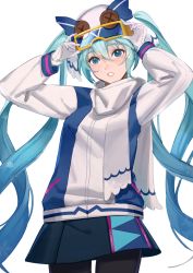 Rule 34 | 1girl, adjusting goggles, aqua eyes, aqua hair, blue skirt, button eyes, buttons, commentary, gloves, goggles, hands up, hatsune miku, highres, jacket, long hair, mallope, miniskirt, owl hat, pantyhose, parted lips, quad tails, simple background, ski goggles, skirt, snowflakes, solo, standing, very long hair, vocaloid, white background, white gloves, white jacket, yuki miku, yuki miku (2016)
