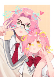 Rule 34 | 1boy, 1girl, :p, absurdres, animal ears, arm around shoulder, beige background, black hair, blush, bob cut, bow, bowtie, cat ears, collared shirt, colored tips, dog ears, drawn ears, drawn whiskers, fake animal ears, glasses, green eyes, habataki academy school uniform, hair ornament, hairclip, hand up, heart, height difference, highres, looking at viewer, multicolored hair, nanatsumori minoru, necktie, paki2000, parted bangs, paw print, pink hair, protagonist (tokimemo gs4), red bow, red bowtie, red necktie, school uniform, shirt, short hair, short sleeves, streaked hair, striped bow, striped bowtie, striped clothes, striped necktie, swept bangs, taking picture, tokimeki memorial, tokimeki memorial girl&#039;s side 4th heart, tongue, tongue out, upper body, v, w, white shirt, yellow eyes