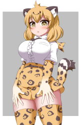 Rule 34 | 1girl, absurdres, ahoge, animal ear fluff, animal ears, blonde hair, blush, breasts, commentary request, cowboy shot, elbow gloves, gloves, grey background, hands on own thighs, highres, jaguar (kemono friends), jaguar ears, jaguar girl, jaguar print, jaguar tail, kemono friends, large breasts, looking at viewer, parted lips, shimosazami, solo, tail, thighhighs, two-tone background, white background, yellow eyes, zettai ryouiki