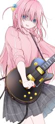 Rule 34 | 1girl, blue eyes, bocchi the rock!, cowboy shot, cube hair ornament, electric guitar, gibson les paul, gloom (expression), gotoh hitori, grey skirt, guitar, hair between eyes, cube hair ornament, hair ornament, highres, holding, holding instrument, holding plectrum, instrument, jacket, kirisawa saki, long hair, nervous smile, one side up, pink hair, pink jacket, pleated skirt, plectrum, simple background, skirt, sleeves rolled up, smile, solo, sweat, track jacket, white background