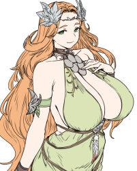 Rule 34 | 1girl, arm strap, bare shoulders, breasts, cleavage, closed mouth, dress, final fantasy, final fantasy xiv, green dress, green eyes, hair ornament, highres, houtengeki, huge breasts, long hair, looking at viewer, nophica, orange hair, original, simple background, smile, solo, white background