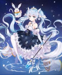 Rule 34 | 1girl, absurdres, animal, armpits, bad id, bad twitter id, bare shoulders, black ribbon, blue eyes, blue footwear, blue hair, blue ribbon, blush, breasts, cane, cleavage, closed mouth, detached collar, detached sleeves, dress, earrings, fortissimo, frilled dress, frills, full body, hair ornament, hand up, hatsune miku, high heels, highres, holding, holding wand, jewelry, juliet sleeves, knees up, long hair, long sleeves, looking at viewer, medium breasts, musical note, musical note hair ornament, puffy sleeves, rabbit, ribbon, sidelocks, smile, snowflake print, solo, star (sky), star (symbol), starry background, thighhighs, tiara, tokkyu, twintails, very long hair, vocaloid, wand, white dress, white thighhighs, yuki miku, yukine (vocaloid)