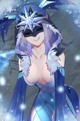 Rule 34 | 1girl, absurdres, breasts, cicin mage (genshin impact), cleavage, cryo cicin mage (genshin impact), erlnr, fur-trimmed hood, fur trim, genshin impact, highres, hood, huge filesize, large breasts, mask, short hair, snowflakes, snowing, solo, tongue, tongue out, white hair
