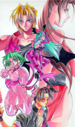 Rule 34 | 1990s (style), 2boys, 3girls, animal print, ankle cuffs, ass, bat print, bat wings, blonde hair, boots, bow, breasts, brown eyes, brown hair, capcom, coat, crossover, earrings, ellis (toushinden), everyone, fatal fury, green eyes, green hair, happy, high heels, jewelry, kayin amoh, kneeling, kusanagi kyou, leotard, long hair, looking at viewer, medium breasts, morrigan aensland, multiple boys, multiple crossover, multiple girls, necklace, open mouth, pantyhose, pink bow, pointing, print legwear, retro artstyle, ribbon, see-through, see-through sleeves, shiranui mai, shoes, short hair, shuri yasuyuki, small breasts, smile, snk, the king of fighters, toushinden, vampire (game), white background, white leotard, wings, wrist cuffs