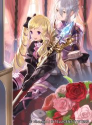 Rule 34 | 2girls, armor, black dress, blonde hair, boots, bow, closed mouth, commentary request, company connection, copyright name, curtains, day, dress, effie (fire emblem), elise (fire emblem), fire emblem, fire emblem cipher, fire emblem fates, flower, gauntlets, gloves, green eyes, hair bow, holding, indoors, long sleeves, mayo (becky2006), multiple girls, nintendo, official art, open mouth, purple eyes, short dress, smile, staff, thigh boots, thighhighs, twintails, white hair, window, zettai ryouiki