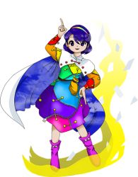 Rule 34 | 1girl, belt, blue eyes, blue hair, buttons, cape, cloud, hairband, magic, multicolored clothes, official art, pointing, purple footwear, red button, sack, short hair, sky print, solo, spell card, tagme, tenkyuu chimata, touhou, transparent background, unconnected marketeers, white cape, zipper, zun (artist)
