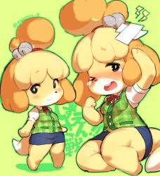 Rule 34 | 1girl, animal crossing, animal ears, bandaid, blazer, blonde hair, blush, body fur, breasts, dog, dog ears, dog girl, dog tail, furry, furry female, green background, hair ornament, highres, isabelle (animal crossing), jacket, nintendo, one eye closed, open mouth, pencil skirt, puffy short sleeves, puffy sleeves, red neckwear, short sleeves, simple background, skirt, small breasts, smile, solo focus, suurin (ksyaro), tail, tears, text focus, topknot, twitter username