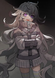Rule 34 | 1girl, @ @, bound, commentary request, cowboy shot, grey hair, grey jacket, grey thighhighs, highres, jacket, long hair, looking at viewer, open mouth, original, partial commentary, purple eyes, restrained, saz8720, solo, standing, straight-on, teeth, thighhighs, tied up (nonsexual), tongue, very long hair, wavy hair