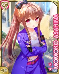 Rule 34 | 1girl, asahina momoko, banchou, belt, black bow, bow, brown hair, crossed arms, delinquent, fingerless gloves, girlfriend (kari), gloves, jacket, japanese clothes, long hair, midriff, official art, open mouth, outdoors, pants, pink belt, pocket, ponytail, purple jacket, purple pants, qp:flapper, red eyes, sarashi, school, solo, standing, stomach, tagme, window, wrappings