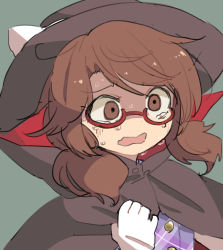 Rule 34 | 1girl, black cape, blue background, brown eyes, brown hair, cape, commentary request, crying, gloves, high collar, long hair, low twintails, partial commentary, sasa kichi, simple background, solo, tears, touhou, twintails, upper body, usami sumireko, wavy mouth, white gloves, wide-eyed