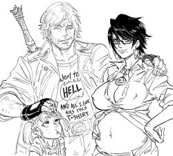 Rule 34 | 1boy, 2girls, arm around shoulder, bad id, baton, bayonetta, bayonetta (series), bayonetta 2, bb (baalbuddy), beard, belt, breasts, cleavage, clothes writing, comic, commentary, covered erect nipples, crossover, dante (devil may cry), devil may cry (series), devil may cry 5, english commentary, english text, facial hair, family, father and daughter, fingerless gloves, food, glasses, gloves, greyscale, hair between eyes, hand on another&#039;s head, hand on another&#039;s shoulder, hand on own hip, headpat, highres, husband and wife, inactive account, jacket, jewelry, large breasts, mole, mole under mouth, monochrome, mother and daughter, multiple girls, navel, necklace, one eye closed, open clothes, open jacket, popsicle, popsicle stick, pregnant, shirt, short hair, simple background, smile, stubble, sword, sword behind back, twintails, weapon, weapon on back, white background