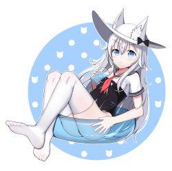 Rule 34 | 1girl, absurdres, animal ears, azur lane, black one-piece swimsuit, blouse, blue eyes, breasts, cat ears, commentary request, cup, drink, drinking glass, ears through headwear, feet, glass, hammann (azur lane), hat, highres, innertube, long hair, neckerchief, no shoes, one-piece swimsuit, red neckerchief, ribbon, school uniform, see-through, serafuku, shirt, simple background, sitting, sitting on object, small breasts, solo, starfox1015, straw, swim ring, swimsuit, swimsuit under clothes, thighhighs, very long hair, white background, white hair, white hat, white shirt, white thighhighs