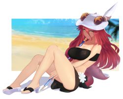 Rule 34 | 1girl, beach, breasts, cleavage, commandycan, cygames, dragalia lost, dragon girl, dragon tail, flower, hat, highres, horns, lance, large breasts, long hair, mym (dragalia lost), nintendo, orange eyes, polearm, red hair, sandals, sun hat, swimsuit, tail, tube top, weapon, white flower