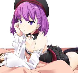 Rule 34 | 1girl, arm support, ass, bare shoulders, bebebe (pepegakii), black panties, book, detached collar, detached sleeves, dress, fate/grand order, fate (series), hat, helena blavatsky (fate), highres, lying, on stomach, panties, purple eyes, purple hair, short hair, solo, strapless, strapless dress, sefirot, underwear