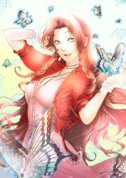 Rule 34 | 1girl, aerith gainsborough, blue butterfly, bracelet, breasts, brown hair, bug, butterfly, buttons, choker, cleavage, cropped jacket, dress, final fantasy, final fantasy vii, final fantasy vii remake, green eyes, hair down, hand in own hair, highres, insect, jacket, jewelry, long dress, long hair, medium breasts, moriiiiiiiiiinn, open mouth, parted bangs, pink dress, red jacket, short sleeves, sidelocks, smile, solo, square enix, teeth, upper body, upper teeth only, wavy hair, yellow background