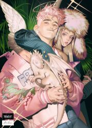 Rule 34 | 1boy, 1girl, angel, angel wings, animal, arm around shoulder, blonde hair, dragon, earrings, eyeshadow, feathered wings, fur-trimmed headwear, fur trim, halo, highres, holding, holding animal, holding phone, jacket, jewelry, long hair, looking at viewer, makeup, mouth hold, open mouth, original, phone, pink hair, pink jacket, sailor18moon, short hair, single off shoulder, sparkle, thick eyebrows, upper body, wings