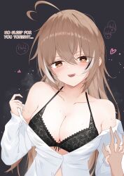 1girl 1other :d absurdres ahoge black_bra black_hair blush bra breasts brown_eyes brown_hair cleavage collarbone collared_shirt commentary crossed_bangs double-parted_bangs english_commentary english_text hair_between_eyes hair_in_own_mouth halterneck heart heart-shaped_pupils heart_ahoge highres holding_hands hololive hololive_english lace lace-trimmed_bra lace_trim large_breasts long_hair multicolored_hair nanashi_mumei narukahana open_mouth partially_unbuttoned pov shirt smile streaked_hair symbol-shaped_pupils underwear virtual_youtuber white_hair white_shirt