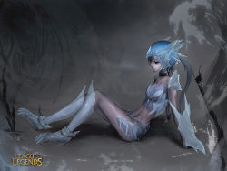 Rule 34 | 1girl, arm support, blue eyes, blue hair, female focus, ice, league of legends, matching hair/eyes, ponytail, samrui, shyvana, sitting, solo