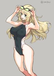 Rule 34 | 10s, 1girl, :d, armpits, atago (kancolle), blonde hair, breasts, collarbone, competition swimsuit, covered erect nipples, covered navel, goggles, goggles on head, green eyes, grey background, kantai collection, kome (vm500), large breasts, long hair, one-piece swimsuit, open mouth, sideboob, simple background, sitting, smile, solo, swimsuit, twitter username