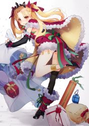 Rule 34 | 1girl, anklet, ass, backless dress, backless outfit, bag, black footwear, black panties, black sleeves, black thighhighs, blonde hair, blush, bow, cape, commentary, detached sleeves, dress, dropping, earrings, ereshkigal (fate), fate/grand order, fate (series), frilled sleeves, frills, from behind, fur-trimmed cape, fur-trimmed dress, fur-trimmed sleeves, fur trim, gift, gift bag, green ribbon, grimace, hair ribbon, high heels, highres, holding, holding bag, holly, hoshino ruru, jewelry, leaning forward, long hair, looking at viewer, looking back, motion blur, multicolored bow, orange eyes, panties, pantyshot, parted bangs, parted lips, red cape, red dress, red ribbon, ribbon, santa costume, short dress, short eyebrows, single thighhigh, skindentation, solo, standing, standing on one leg, star (symbol), sweatdrop, teeth, thighhighs, tiara, tohsaka rin, two side up, underwear, v-shaped eyebrows, white background