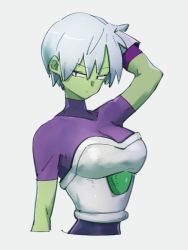 Rule 34 | 1girl, arm at side, arm behind head, arm up, armor, bodysuit, breasts, cheelai, closed mouth, colored skin, cropped arms, cropped torso, dragon ball, dragon ball super, dragon ball super broly, facing viewer, frown, green skin, grey background, grey hair, half-closed eyes, kemachiku, large breasts, purple bodysuit, short hair, sideways glance, simple background, solo, strapless, upper body, v-shaped eyebrows, very short hair