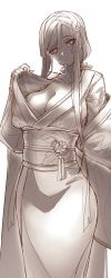 Rule 34 | 1girl, absurdres, blush, breasts, casul, cleavage, clothes lift, fate/grand order, fate (series), female focus, greyscale, heart, heart-shaped pupils, highres, japanese clothes, kimono, large breasts, long bangs, long hair, looking at viewer, miss crane (fate), monochrome, obi, ponytail, sash, simple background, solo, symbol-shaped pupils, tall female, very long hair, white background