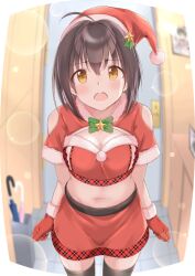 Rule 34 | 1girl, ahoge, bare shoulders, black hair, black thighhighs, blurry, blurry background, blush, bow, bowtie, breasts, brown eyes, capelet, christmas, cleavage, closed umbrella, cowboy shot, crop top, cropped shirt, door, entrance, fisheye, fur-trimmed capelet, fur-trimmed gloves, fur-trimmed shirt, fur-trimmed sleeves, fur trim, gloves, green bow, green bowtie, hair ornament, hat, highres, idolmaster, idolmaster cinderella girls, idolmaster cinderella girls starlight stage, indoors, kohinata miho, looking at viewer, medium breasts, midriff, navel, open mouth, picture frame, red capelet, red gloves, red shirt, red skirt, santa costume, santa gloves, santa hat, shirt, short hair, short sleeves, skirt, solo, sparkle, star (symbol), star hair ornament, teeth, thighhighs, tktk135, umbrella, upper teeth only