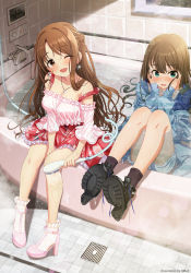 Rule 34 | 2girls, ;d, absurdres, bathroom, bathtub, blush, braid, brown hair, double bun, full-face blush, hair bun, hands on own cheeks, hands on own face, high heels, highres, hmax, idolmaster, idolmaster cinderella girls, idolmaster cinderella girls starlight stage, indoors, looking at another, looking away, multiple girls, off-shoulder shirt, off shoulder, one eye closed, open mouth, partially submerged, petticoat, shibuya rin, shimamura uzuki, shirt, shower head, sitting, smile, tile floor, tile wall, tiles, wet, wet clothes, wet hair