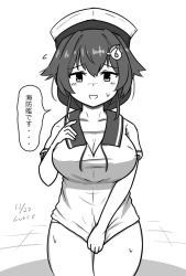 Rule 34 | 1girl, breasts, clothes pull, commentary request, cosplay, curse (023), dress, dress pull, greyscale, hair flaps, hair ornament, hairclip, hat, hiburi (kancolle), hiburi (kancolle) (cosplay), jingei (kancolle), kantai collection, large breasts, long hair, looking at viewer, monochrome, oversized object, sailor collar, sailor dress, sailor hat, short sleeves, solo, translation request, whale hair ornament